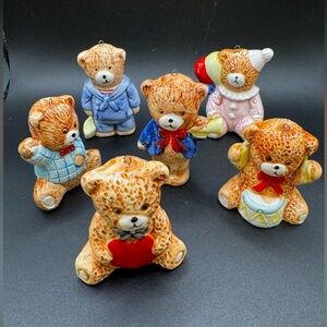 Lot of 6 Vintage Porcelain Teddy Bear Ornaments